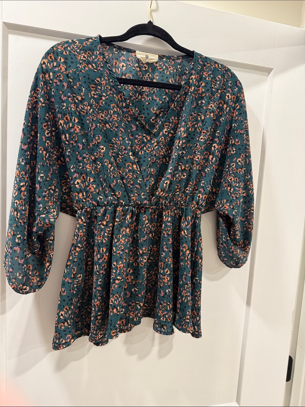 Teal Floral-Print Peplum V-Neck Blouse